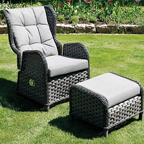 FineHome - Poltrona Relax XXL in polyrattan, con Cuscino e poggiapiedi, Schienale Regolabile, Poltrona da Giardino in Rattan