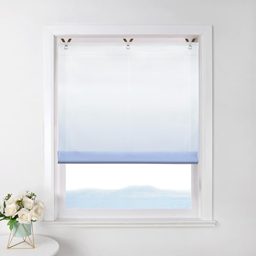 ESLIR Raffrollo ohne Bohren Raffgardine Transparent mit Ösen Farbverlauf Gardinen mit Haken Ösenrollo Modern Vorhänge Blau BxH 80x130cm 1 Stück