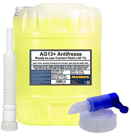 MANNOL 20 Liter, AG13+ -40 KÜHLERFROSTSCHUTZ FERTIGMISCHUNG GELB + HAHN + Schlauch
