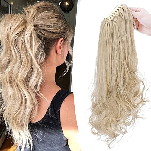 45cm Ponytail Extension Pferdeschwanz Zopf mit Klammer Haarteil Haarverlängerung Hair Piece Haar Hitzebeständig (Glatt+Gewellt) wie Echthaar Aschblond Mix Bleichblond