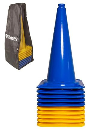 Dönges XXL-Pylonen 10er-Set, 50 cm hoch, blau/gelb mit Transporttasche Hütchen Leitkegel Markierungskegel Agility Pferdesport Bodenarbeit Hundesport Reittraining Slalomparcour Outdoorsport Reitsport