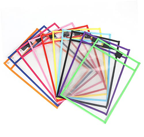 10 Stück Dry Erase Taschen, Wiederverwendbare A4 Trocken Abwischbare Taschen mit 10 Whiteboard-Stiften，2 Radiergummis und 2 Edelstahl-Ringe, für Büro und Schule
