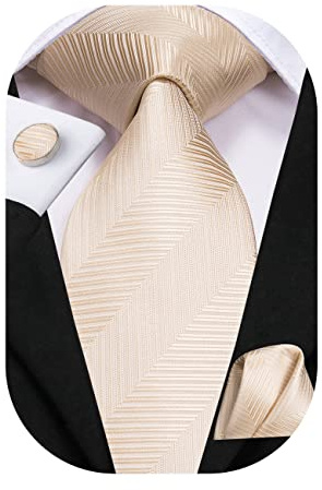 Hi-Tie Herren Seiden Champagner Krawatte Set Streifen Normale Krawatte mit Einstecktuch Manschettenknöpfe Für Hochzeit