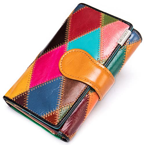 Karoukee Einzigartig Bunte Patchwork Kleine Trifold Geldbörse für Frauen Echtes Leder Kreditkarten Halter Organizer Handgemachte Mehrfarbige Damen Münzgeldbörse mit Ausweisfenster & Reißverschlussfach