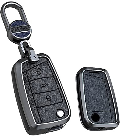KUNIO Klapp Autoschlüssel Hülle Abdeckung Passt für VW Golf 7 MK7 Polo Jetta 4 Touran T-ROC Tiguan Zubehör Leder Schlüsseletui Fernbedienung Cover Schlüsselanhänger Schutzhülle B Schwarz