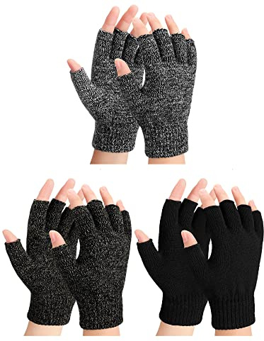 SATINIOR 3 Pares Guantes de Punto sin Dedos para Hombre Invierno Guantes Cálidos Medio Dedo (Negro, Negro Gris, Negro Blanco)