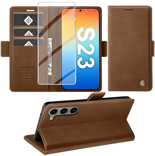 Giyer Handyhülle für Samsung Galaxy S23 5G Hülle mit Schutzfolie, Standfunktion Kartenfach Wallet Premium Leder Schutzhülle S23 5G Flip Case Cover Stoßfeste Klapphülle S23 5G 6.1 Zoll (Braun)