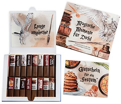 Schokoladenseite Aufkleber-Set & Banderole für Merci Schokolade mit vorgedruckten Aufklebern für Harry Potter Fans | Zaubersprüche Muggels | Geschenk | ohne Schokolade | Inkl. 2 Karten