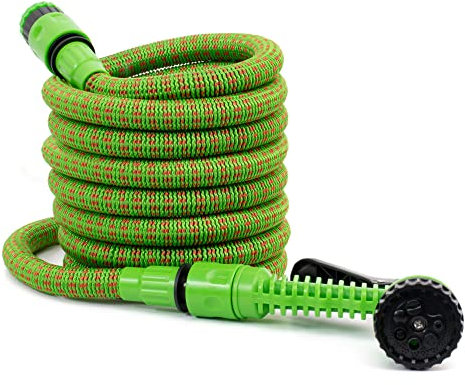 The Secret Home - Manguera de Jardín Extensible - Manguera con Pistola de Pulverización con 7 Funciones de Riego - Ideal para Jardín, Terraza, Huerto, Balcón (15 m, Verde/Naranja)