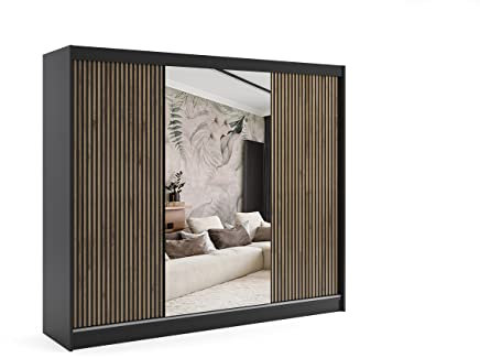 ALTDECOR Kleiderschrank mit Spiegel und Schiebetüren, Führungsschienen und Aluminium-Leisten, LED-Beleuchtung und Fernbedienung - VILAN - 250 cm Schwarz + Lamelle Eiche Wotan + Spiegel