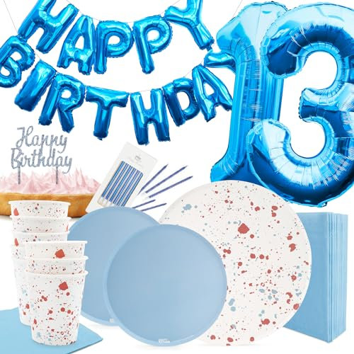 PARTY PARTY 78-teiliges Set 13. Geburtstag Sprinkles Blau, Partygeschirr Partydeko für 8 Gäste (Becher, Teller, Servietten, Kuchendeko, Folienballons), Kindergeburtstag