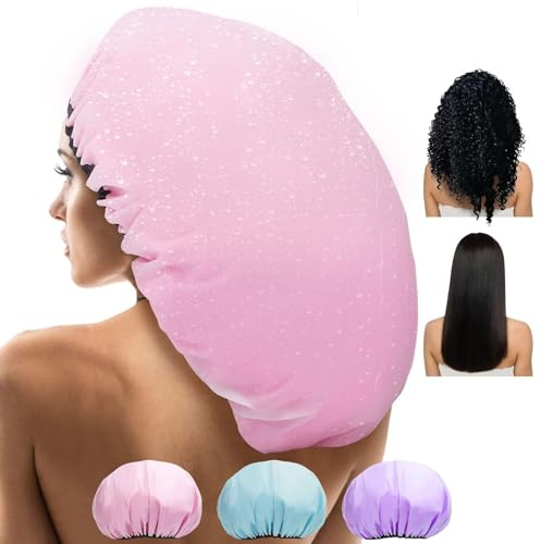 Sheomern 3 Pcs 15 XL Duschhaube Damen, Extra-Groß Doppelte Wasserdichte Duschhauben Verstellbare Wiederverwendbare Haube Satin Seide Haarhaube Bonnet für Frauen Dreadlocks Lange Haare