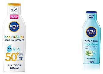 NIVEA SUN Kids Protect & Sensitive Sun Lotion (200ml) Sunscreen with SPF 50+, Kids Suncream & SUN After Sun Moisturising Soothing Lotion (400 ml), Cooling Moisturiser with Aloe Vera