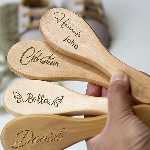 Personalized Baby Hairbrushes Custom Engrave Infant Name Wooden Newborn Hair Brush Comb Brush Birth Cradle Cap Brush/Baptism/Birthday Baby Shower Gifts