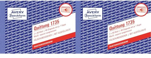AVERY Zweckform 1735 Quittungsblock (A6 quer, 2x40 Blatt, mit Durchschlag, fälschungssicher, separat ausgewiesene MwSt., für Deutschland und Österreich) weiß/gelb (Packung mit 2)