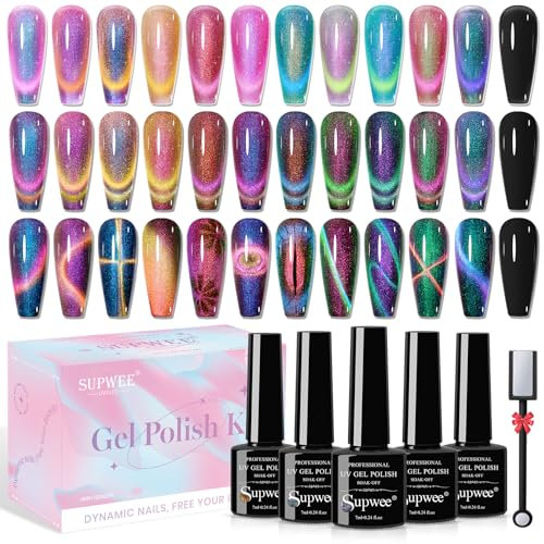 SUPWEE Cat Magnetisch Eye Gel Nagellack Set 12 Farben 9D Chamäleon Cat Eye UV Gel Nagellack mit Magnetstift Glitzer Auroras Cateye Magnet Gellack Maniküre Nail Art Salon