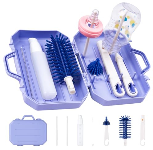 Vicloon Voyage Ensemble Biberon - Goupillon, Brosse à Biberon Portable, Comprend Un Goupillon, Une Brosse à Tétine, Un Flacon Distributeur de Détergent et Une Boîte de Rangement