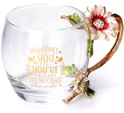 PPEA Emaille Sonnenblume Kristall Bleifreie Glas Teetasse mit Löffel Set, Geschenk für Weihnachten, Valentinstag. Beste Geschenk für Mutter, Oma, Freundin, Schwester.