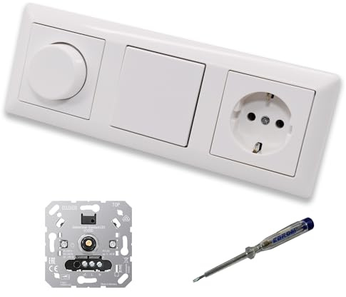 EBROM SET IDEE: JUNG 1730DD LED Drehdimmer Dimmer + Dimmerscheibe A1740WW + Kreuzschalter 507U + Steckdose A1520WW alpinweiß glänzend + EBROM Phasenprüfer zur Montage der Geräte u.A. 1730 DD
