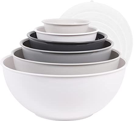 BoxedHome Rührschüssel-Set mit Deckel, Rührschüsseln, 12er-Pack Rührschüssel-Set, Kunststoff Salatschüssel rutschfeste stapelbare Servierschalen für Küche (6 Schalen und 6 Deckel, Weißgrau)