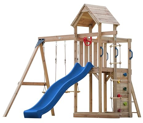 AXI Moos Aire de Jeux en Bois avec 2 Balançoires, Echelle en Corde, Toboggan Bleu/Aire de Jeux Extérieur avec balançoires/bac à Sable/Mur d'escalade | Portique Balançoire/Jeux en Bois Extérieur