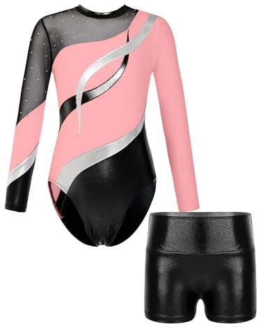 FEESHOW Mädchen Gymnastikanzug Langarm Mit Hose Ballett Turntrikot Gymnastik Body Shorts Set Kinder Tanzoutfit Athletic Wettkampf Trainingsanzüge Rosa 122-128