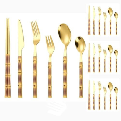 Mango Destacado Cocina Cubiertos De Acero Inoxidable Vajilla Cubiertos Juego De Cubiertos Cuchillos Para Carne Para El Hogar Tenedores Cucharas Cuchara De Postre Palillos (Oro Amarillo,24 piezas)