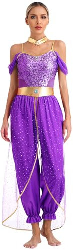 Yruioon Damen Bauchtanz Kostüm Arabische Prinzessin Kostüm Glänzend Body Overall Jumpsuit Orientalische Indische Verkleidung Tanzkleidung A Lila XXL