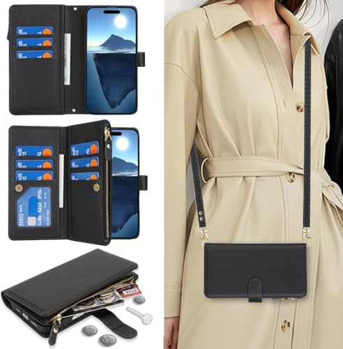 CAVOR Handykette Handyhülle kompatibel mit iPhone 16 Hülle Mit Band,Flip Geldbörse Leder Handytasche,[9 Kartenfach] Tasche Handyhüllen mit Umhängeband für Frauen - Schwarz