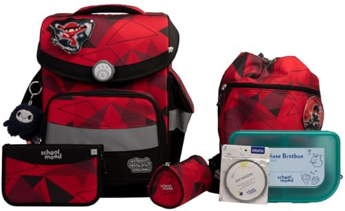SCHOOL-MOOD Timeless Pro Schulranzenset 7-teilig 23,5L Stauraum, ergonomisches Easy Fit System für 1 m bis 1,50 m Körpergröße, standfest, wasserdichter Stoff mit Reflektoren (Kai Ninja)