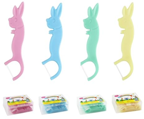 160 Stück Zahnseide Stick Kinder, 4 Bunte Farben, Floss Picks mit kindergerechtem Griff, Ungewachst Zahn Draht, Zahnseide für Kinder 4 Tierformen, Zahnpflegesets