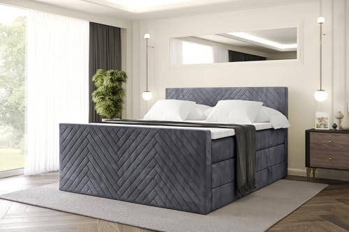 ALTDECOR Boxspringbett mit Matratze und Lattenrost, Topper, Fußteil,Polsterbett mit Bettkasten, Bett mit Stauraum H3- und H4- Matratze, Doppelbett -VEXA-Z KING-160x200 - Dunkelgrau Casablanca