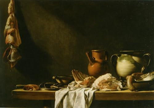 SERENDIPITP Affiche Décorative Table De Cuisine Pichets En Faïence Et Viande Sur Une Table De Cuisine En Partie Drapée De Nicolas Henry Jeurat De Bertry Pour les Décorations pour la Maison 60x90cm