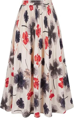 comefohome Dam leopardtryck kjol lång maxi elastisk midja veckad A-linje kjolar boho damer, Blommig röd, XS