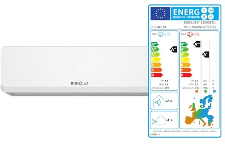 Climatizzatore Digiquest Inverter V5 12000BTU | WiFi integrato | R32 | Classe A++ Raffreddamento/A+++ Riscaldamento | I FEEL | Flusso d'aria 3D | TURBO | Notte | SEER 6,1| SCOP 5,1| CLIMA00063