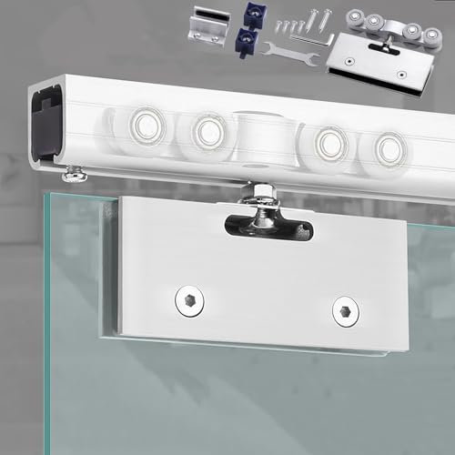 Kit Puerta Corredera Kit de Puerta Corrediza de Vidrio Sin Marco, Sistema de Puerta Corrediza de Bolsillo con Montaje en Techo, Puerta Corrediza de Vidrio para Armario para Baño, Balcón, Estudio u Ofi