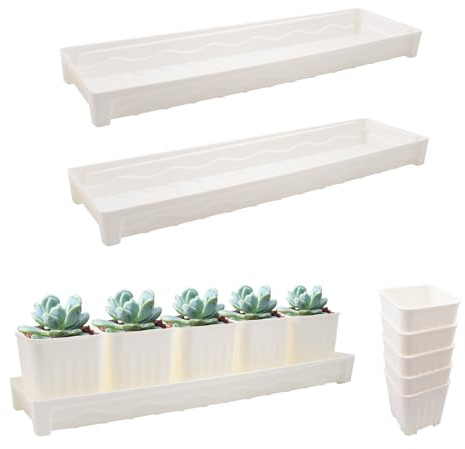 KeaJuidy 3 Stück Rechteckige Pflanzenuntersetzer aus Kunststoff mit 10 Stück Pflanztöpfe Blumentopf Untersetzer für Innen- und AußEnbereich 41x11,5x4 cm