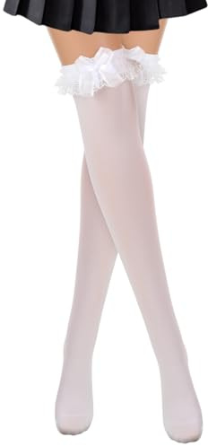 Xinjoduz 2 Stück Kniestrümpfe Damen Weiß Overknee Strümpfe Rüschen Socken Atmungsaktive Lange Schleifenstrümpfe Niedliche Spitze Knielange Strümpfe Weiss Damen