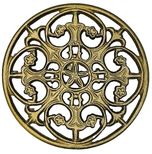 MAI 1Pcs Round Cast Iron Trivet - Round Metal Trivets with Rubber Feet Caps,Rustic Cast Iron Hot Dish Plate Holder, Pan Plate Teapot for Kitchen Dining Table Countertop Cooktop (Brass)