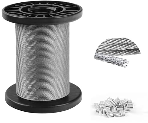 2mm steel wire 304 Stainless Steel Wire Cable 30m, 7x7 Strand Core Multi-Purpose Metal Cable for Gardens, Hanging, Outdoor Use, 250kg Breaking Strength with 30 Aluminum Loops