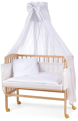 waldin Baby Beistellbett mit Matratze und Stoffen, Höhen-verstellbar, Große Liegefläche 90x55cm, Holz Natur, Weiß/Punkt Grau