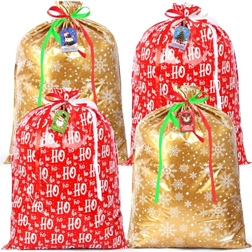 AhfuLife XXL Weihnachten Geschenkbeutel mit Kordelzug, 70x53cm 4 Stück Weihnachtsgeschenkbeutel mit Geschenkanhänger Weihnachten für Weihnachtsgeschenke Verpacken Xmas Baum Deko