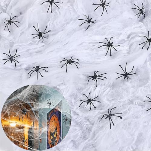Halloween Deko, 100g Spinnennetz Halloween Deko, Dehnbare Spinnennetz Halloween Dekoration mit 60 Plastik Spinnen für Halloween Party
