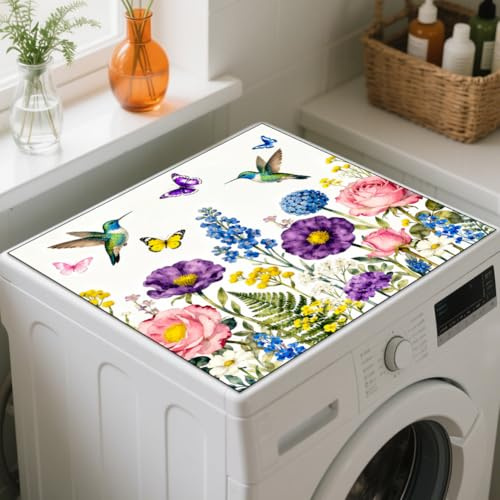 GLOBLELAND Flower Cluster Washer Dryer Dust Cover 23.6×23.6inch Hummingbird Butterfly Washing Machine Top Protector Pads Non Slip Washing Machine Top Covers for Laundry Room Coffee Machine