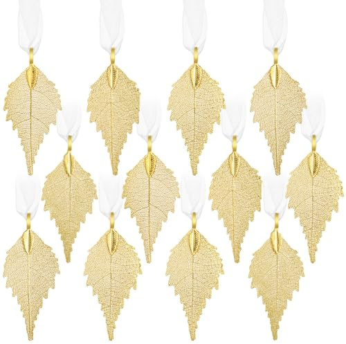 Thyle 12 Pcs Birch Leaf Ornament Table Gift 24k Gold Dipped Real Leaves 1.8 Inch with Adjustable Ribbon Ties Bottle of Wine Ornament Decor for Wedding Holiday DIY Craft Gift