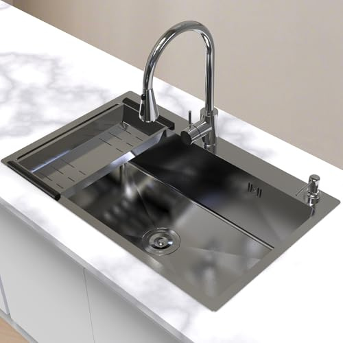 Lavandino Cucina 1 Vasca Grigio 80X75cm, Lavello da Incasso in Acciaio Inox Lavello Commerciale con Rubinetto Lavabo da Appoggio Lavandino Camper Lavabo Cucina Multifunzione 80X75cm
