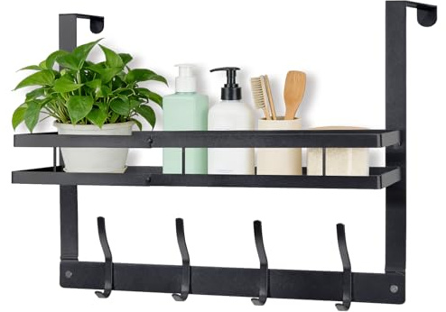 Pomodee Türhaken zum Einhängen,Edelstahl Türgarderobe,8 Haken Tür Organizer | Handtuchhalter mit Korb, Hängeregal ohne Bohren, türgarderobe Duschablage für Bad, Schlafzimmer, Küche, Büro (Schwarz)