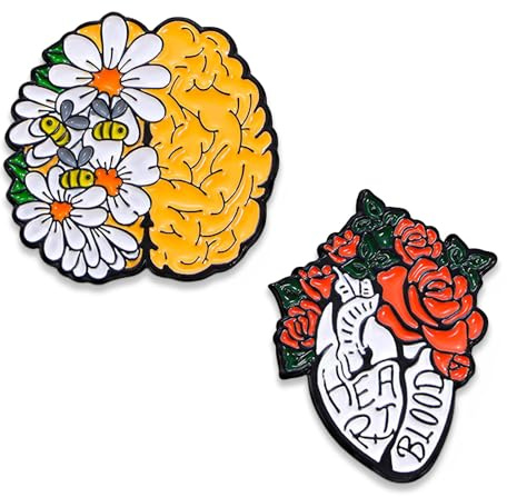 COYUN 2 Pcs Pins For Bags, Enamel Anstecker Pin Lustig Metall Lustige Anstecker Anstecknadel Personalisierte Pins für Kleidung Taschen Rucksäcke, Zubehör, herz brosche, Herz und Gehirn und Blumen