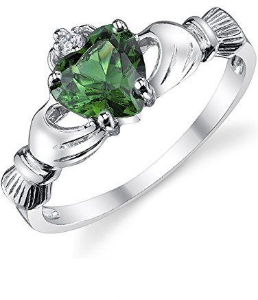 Sterling Silver 925 Irish Claddagh Friendship & Love Ring with Simulated Emerald Green Color Heart Cubic Zirconia 9