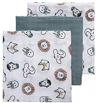 Meyco 452019 Mull/Musselin Windel 3er Set, 70x70cm ANIMAL-UNI Stone Green-Weiss